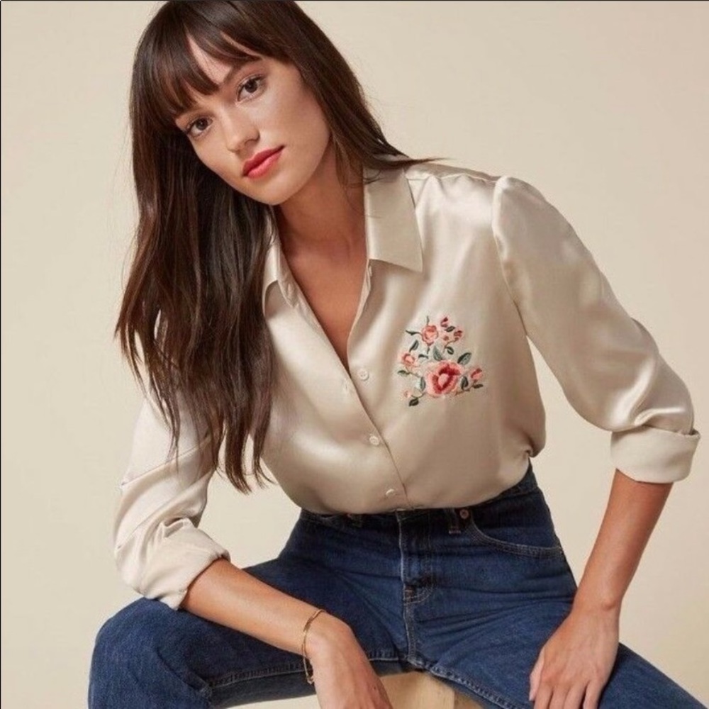 Reformation Cream Silk Button-Up Blouse with Floral Embroidery